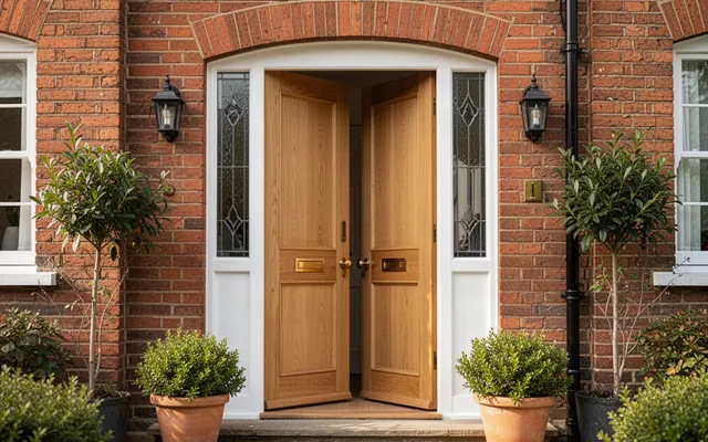 Illustrative open oak front door of a welcoming British brick home