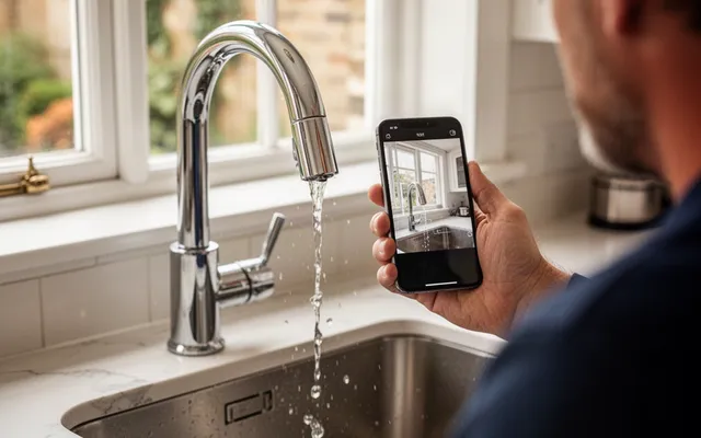 Illustrative homeowner photographing a dripping kitchen tap