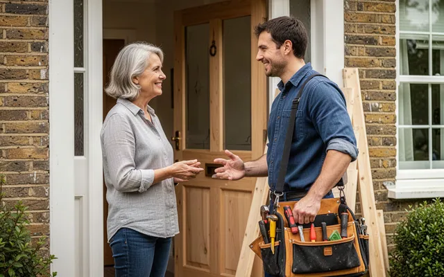 Illustrative homeowner discussing work with a carpenter at the front door