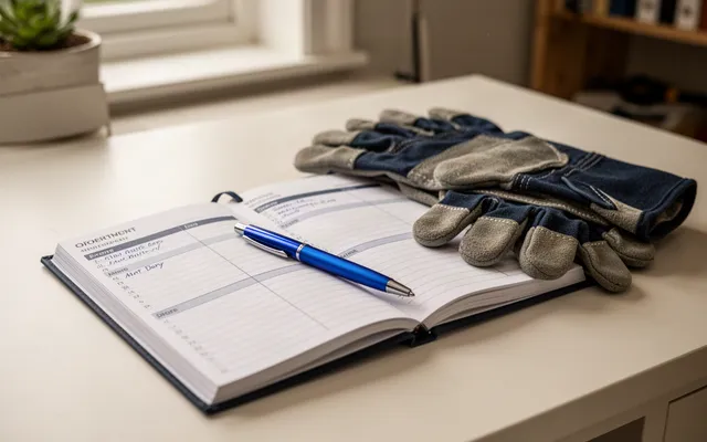 Illustrative appointment diary with a pen and work gloves
