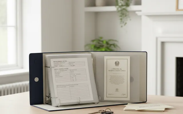 Illustrative home maintenance binder with service documents and house keys