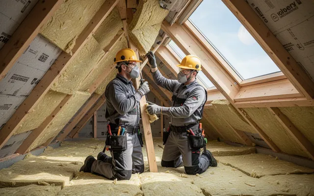 Illustrative installers fitting loft insulation