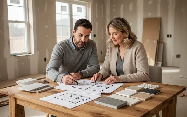Illustrative homeowners reviewing renovation drawings and material samples