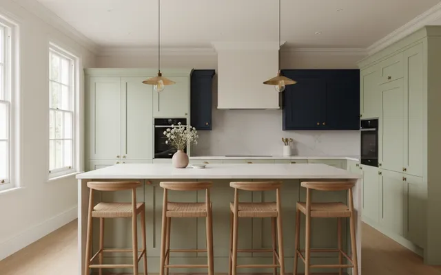 Illustrative contemporary kitchen with sage cabinets and an island