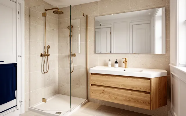 Illustrative walk-in shower and oak vanity in a modern bathroom
