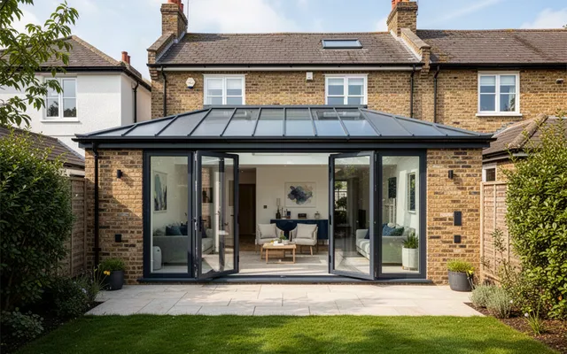 Illustrative rear brick-and-glass house extension