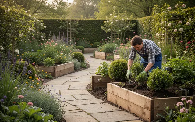 Illustrative gardener planting a landscaped garden