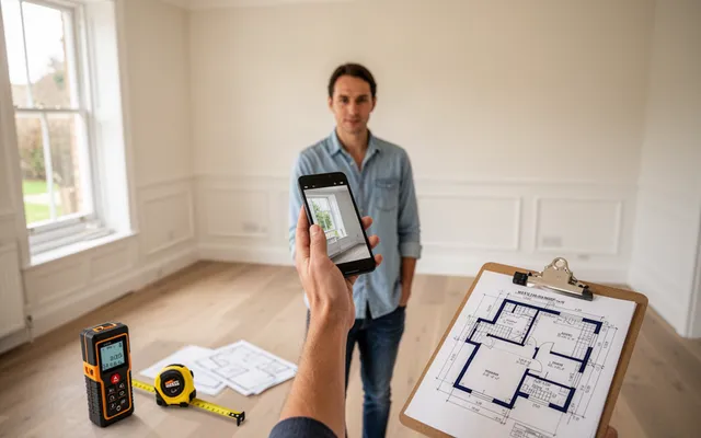 Illustrative room measurement tools, phone and floor-plan clipboard